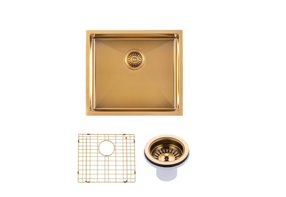 Round Corner Stainless Steel Brushed Brass PVD Coating Single Bowl Kitchen Sink(with Bottom Tray) 500*440*230mm