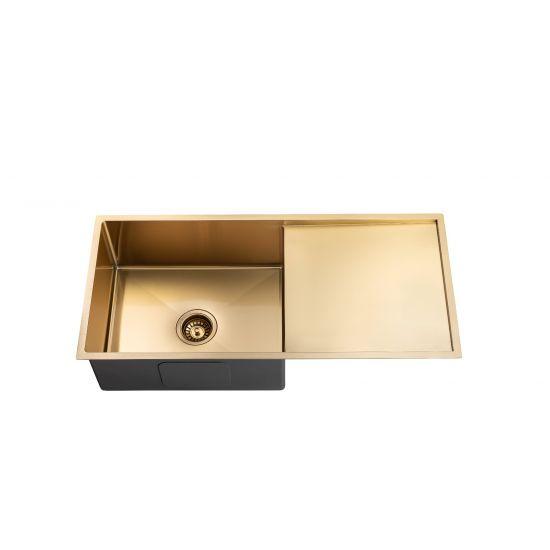 304 Stainless Steel Brushed Gold PVD Coating Single Bowl Kitchen Sink with Drainer(Round Edges,with Bottom Tray)960*450*230mm - Living and Bathroom