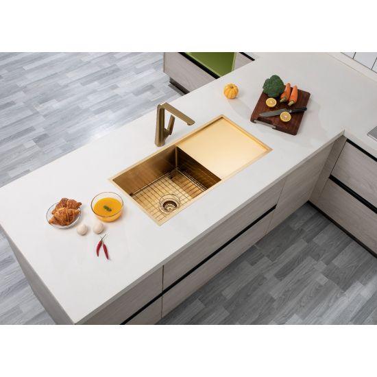 304 Stainless Steel Brushed Gold PVD Coating Single Bowl Kitchen Sink with Drainer(Round Edges,with Bottom Tray)960*450*230mm - Living and Bathroom