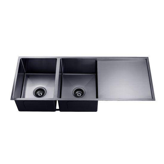 304 Stainless Steel Gun Metal Grey PVD Coating Double Bowl Kitchen Sink with Drainer(Round Edges,with Bottom Tray)1160*460*230mm - Living and Bathroom