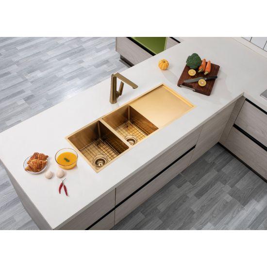 304 Stainless Steel Brushed Gold PVD Coating Double Bowl Kitchen Sink with Drainer(Round Edges,with Bottom Tray)1160*460*230mm - Living and Bathroom