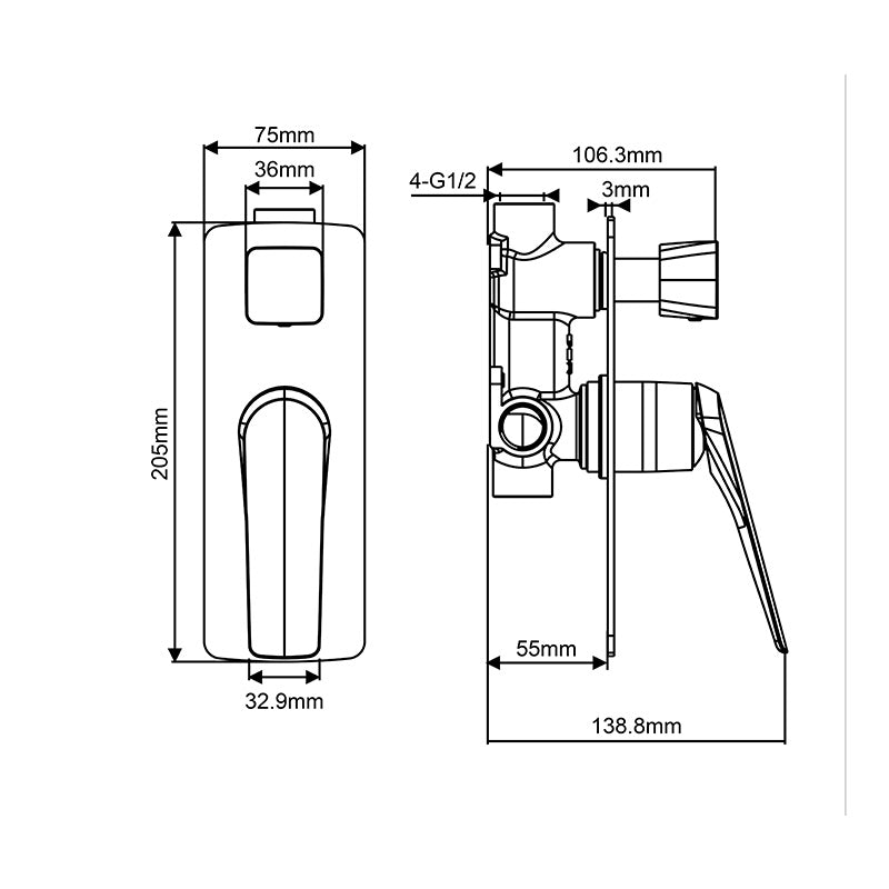 AU Series Square Black Wall Mixer with Diverter