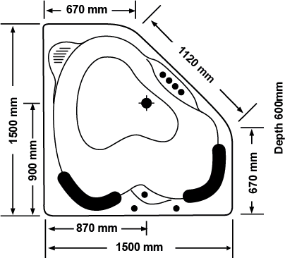 Sapphira 1500*1500*600mm Acrylic 18 Jets Drop in Corner Spa Bath - Living and Bathroom