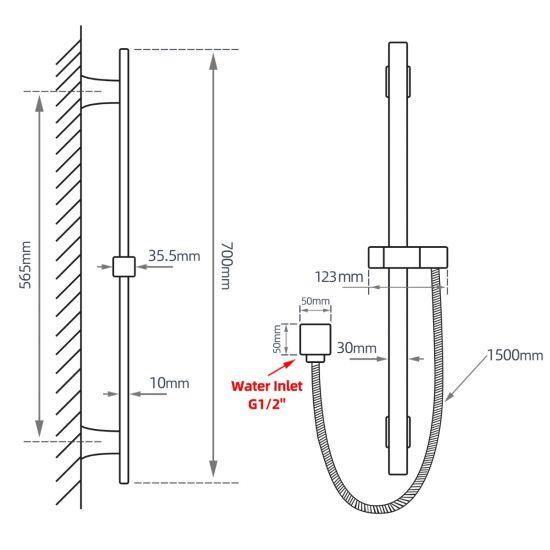 Square Chrome Wall Mounted Sliding Rail with Water Hose & Wall Connector Only - Living and Bathroom