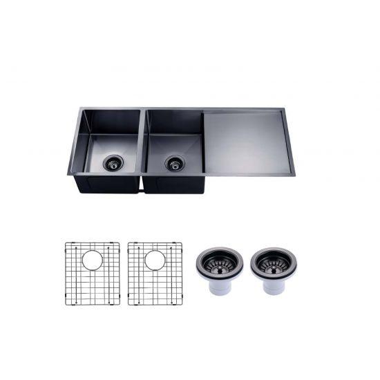 304 Stainless Steel Gun Metal Grey PVD Coating Double Bowl Kitchen Sink with Drainer(Round Edges,with Bottom Tray)1160*460*230mm - Living and Bathroom