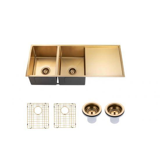 304 Stainless Steel Brushed Gold PVD Coating Double Bowl Kitchen Sink with Drainer(Round Edges,with Bottom Tray)1160*460*230mm - Living and Bathroom
