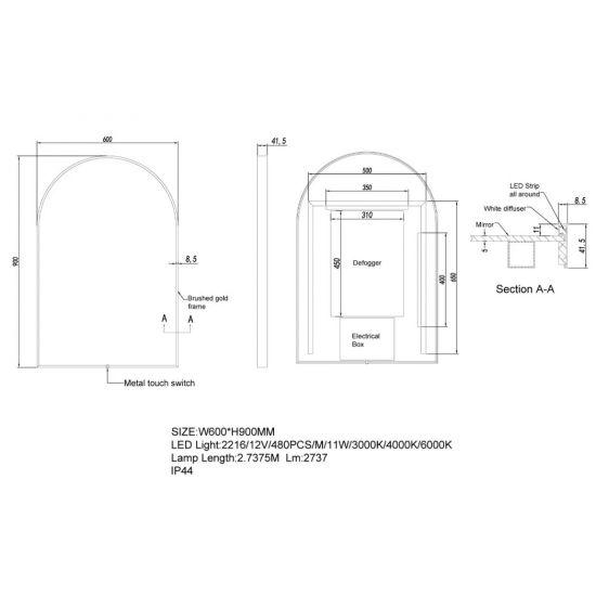 600*900mm Arch 3 Color Lighting Gun Metal Grey Aluminum Framed Front Hidden LED Mirror with Touch Sensor Switch - Living and Bathroom