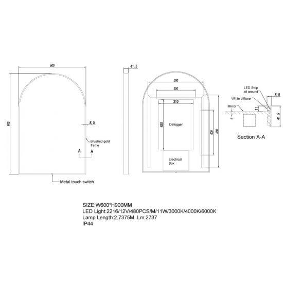 600*900mm Arch 3 Color Lighting Matte Black Aluminum Framed Front Hidden LED Mirror with Touch Sensor Switch - Living and Bathroom