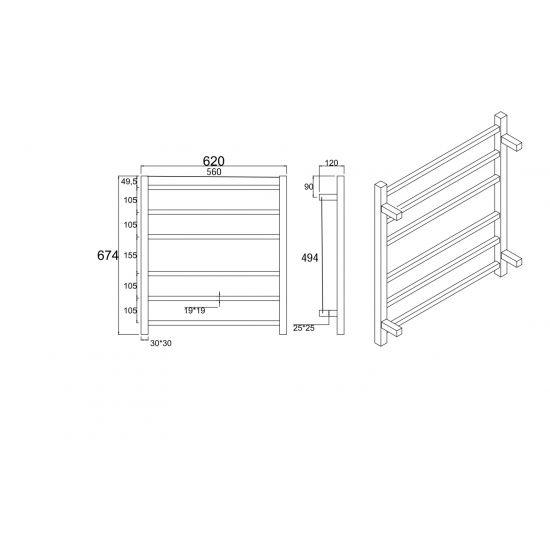 Square Black Electric Heated Towel Rack 6 Bars - Living and Bathroom