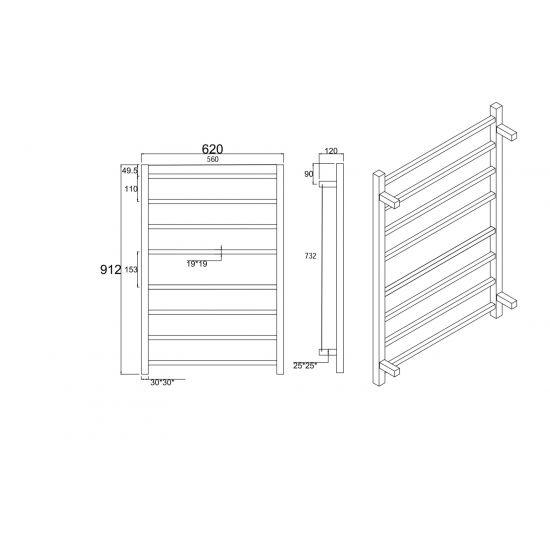 Square Black Electric Heated Towel Rack 8 Bars - Living and Bathroom