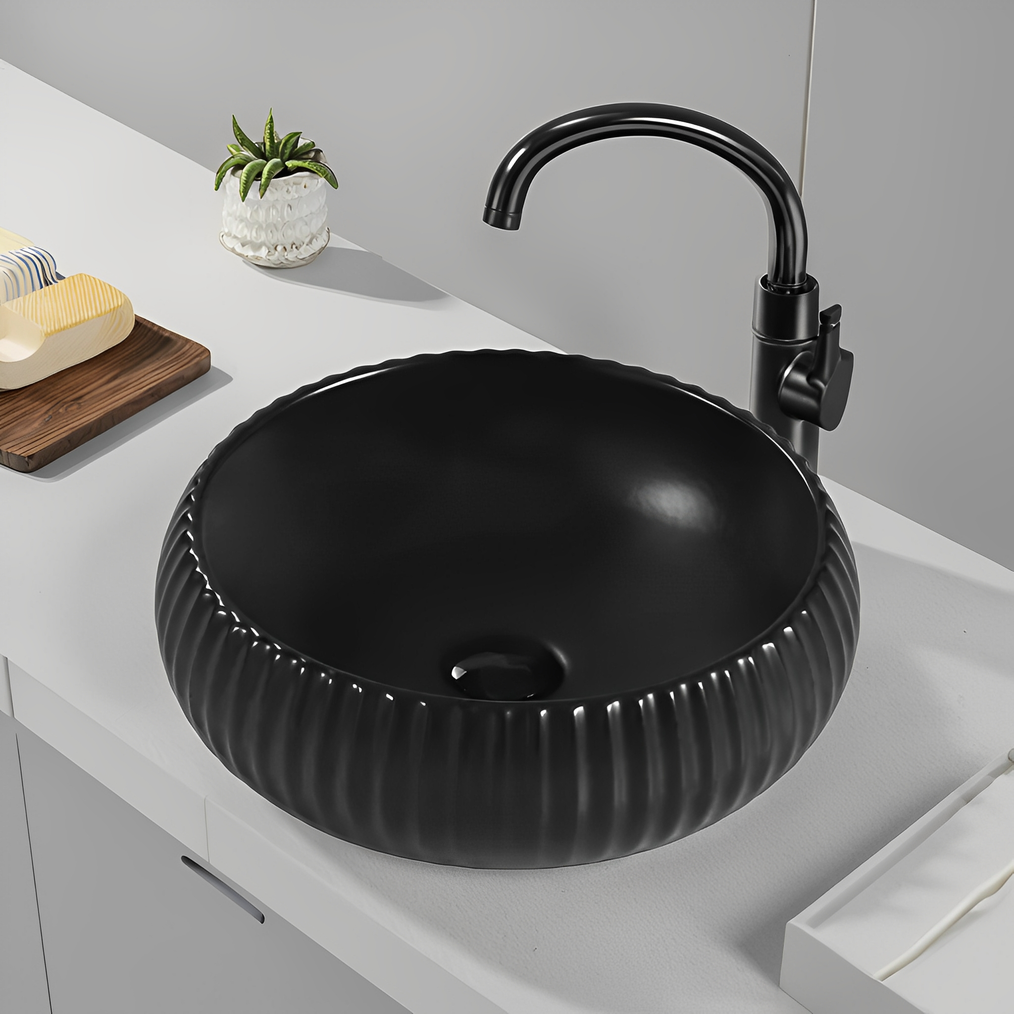Oran Fluted Art Basin 400*400*140 Matte Black