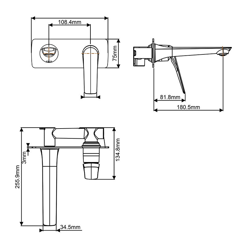 AU Series Square Wall Basin/Bath Mixer Spout Set