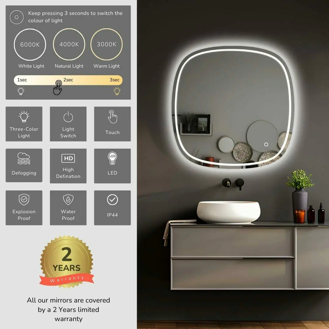 750*750mm Rounded Edge Acrylic Front & Backlit LED Mirror 3 Color Lighting Touch Sensor Switch Wall Mounted White Frame