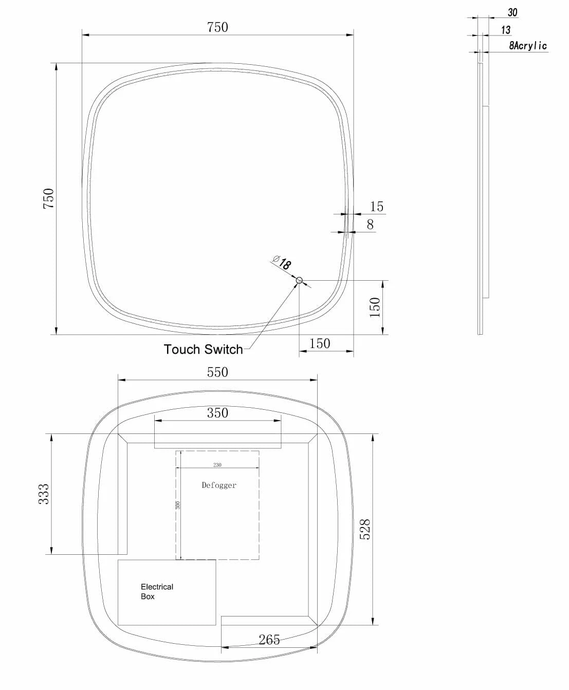 750*750mm Rounded Edge Acrylic Front & Backlit LED Mirror 3 Color Lighting Touch Sensor Switch Wall Mounted White Frame