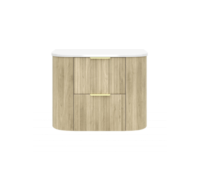 Artis PVC Fluted Curved Waterproof Double Drawer Wall Hung Bathroom Vanity  Classic Oak