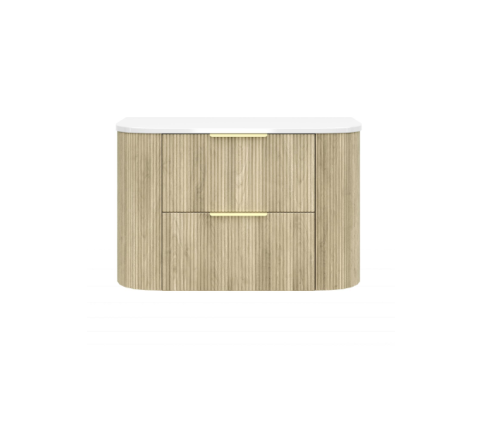 Artis PVC Fluted Curved Waterproof Double Drawer Wall Hung Bathroom Vanity  Classic Oak