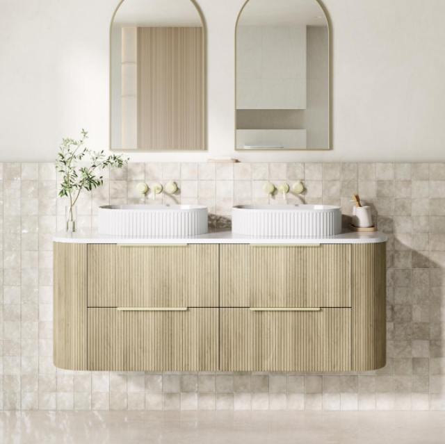 Artis PVC Fluted Curved Waterproof Double Drawer Wall Hung Bathroom Vanity  Classic Oak