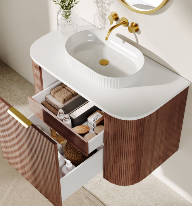 Artis PVC Fluted Curved Waterproof Single Drawer With Hidden Smaller Top Drawer Wall Hung Bathroom Vanity Walnut