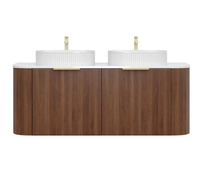 Artis PVC Fluted Curved Waterproof Single Drawer With Hidden Smaller Top Drawer Wall Hung Bathroom Vanity Walnut