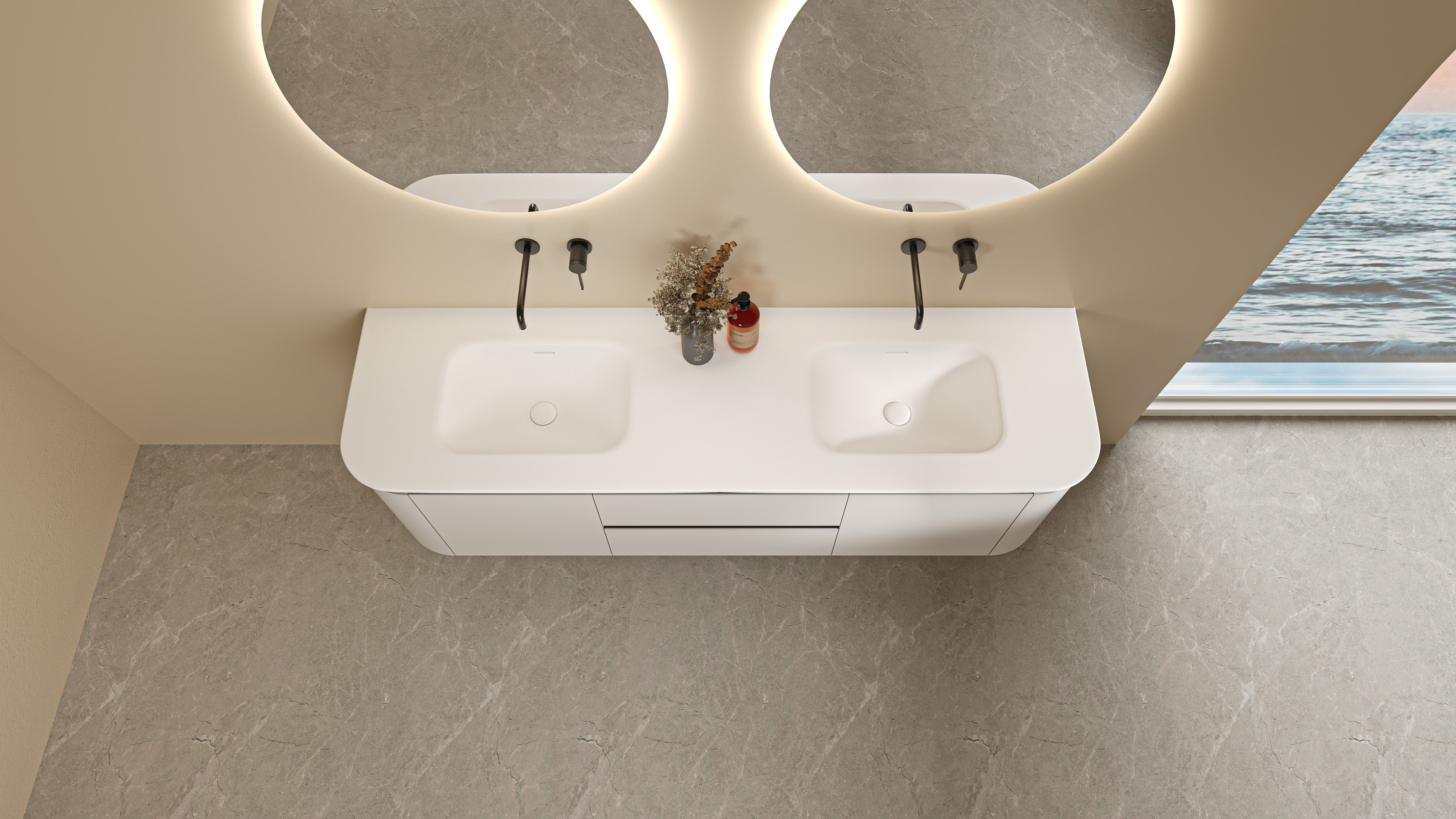 Solid Surface Curved Stone with integrated Basin Matte White