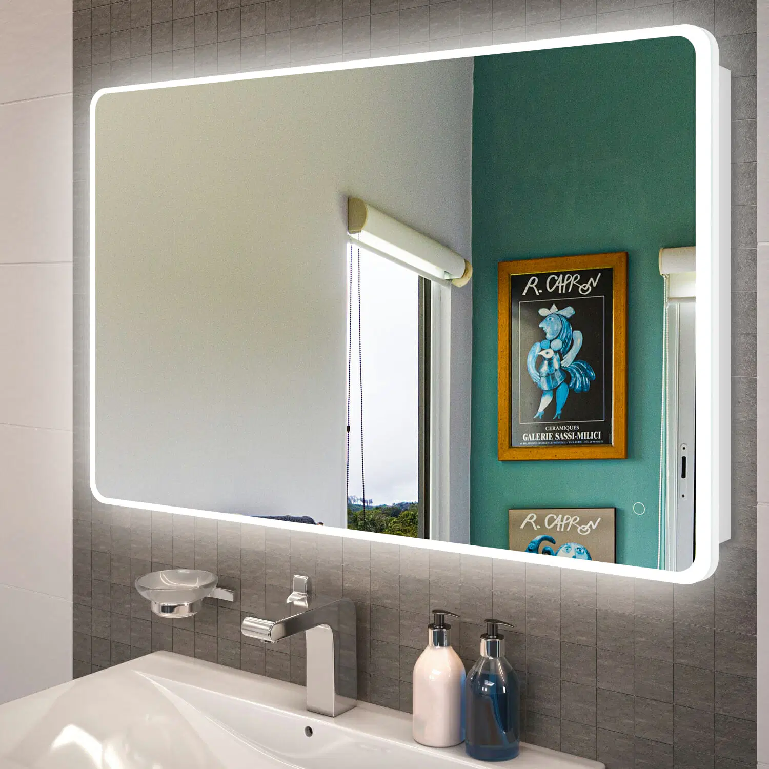 1200*800mm Curved Rim Rectangle 3 Color Lighting Front & Backlit Acrylic LED Mirror Touch Sensor Switch Wall Mounted Vertical or Horizontal
