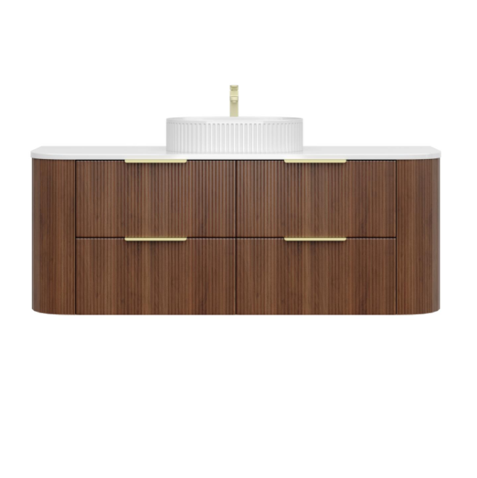 Artis PVC Fluted Curved Waterproof Double Drawer Wall Hung Bathroom Vanity Walnut