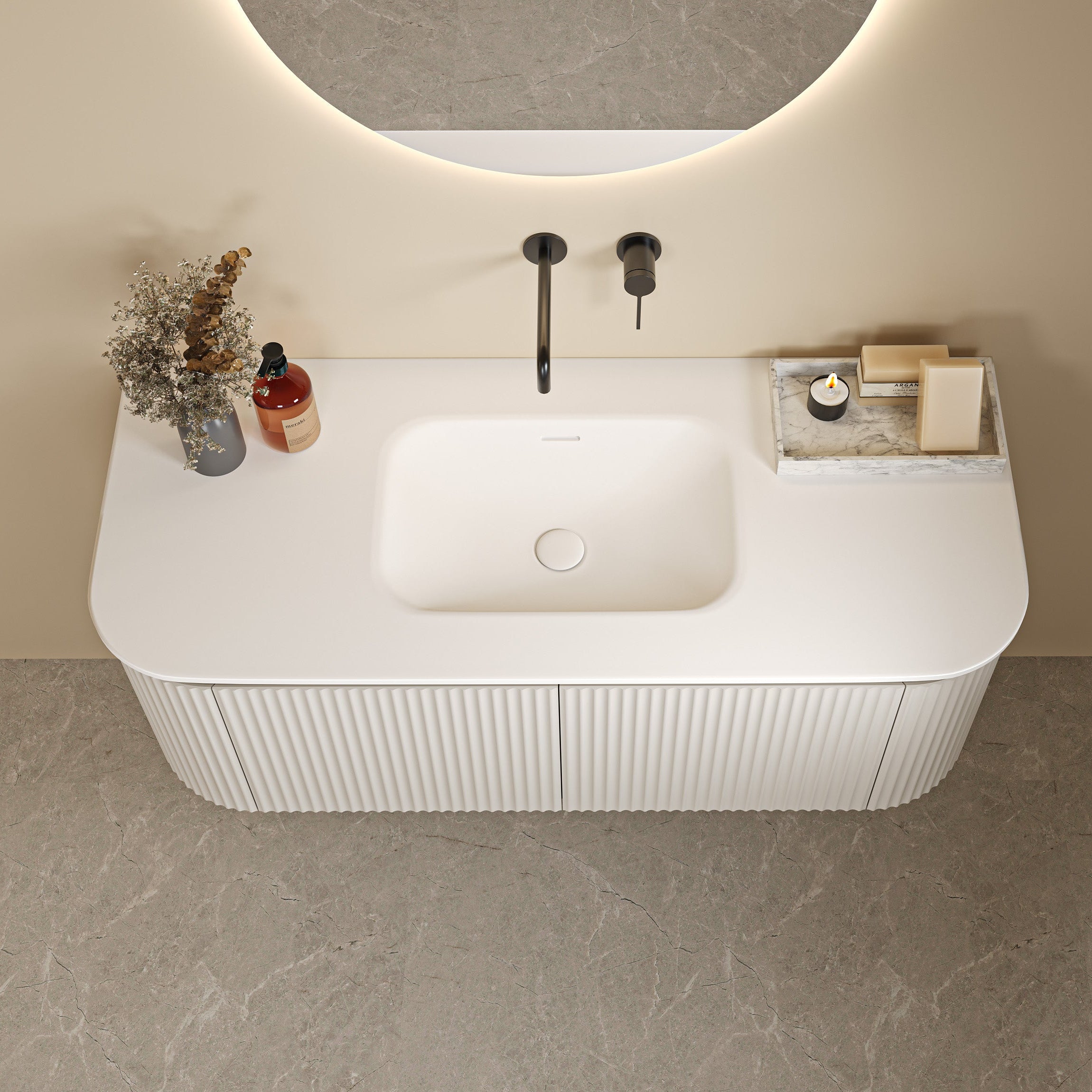 Solid Surface Curved Stone with integrated Basin Matte White
