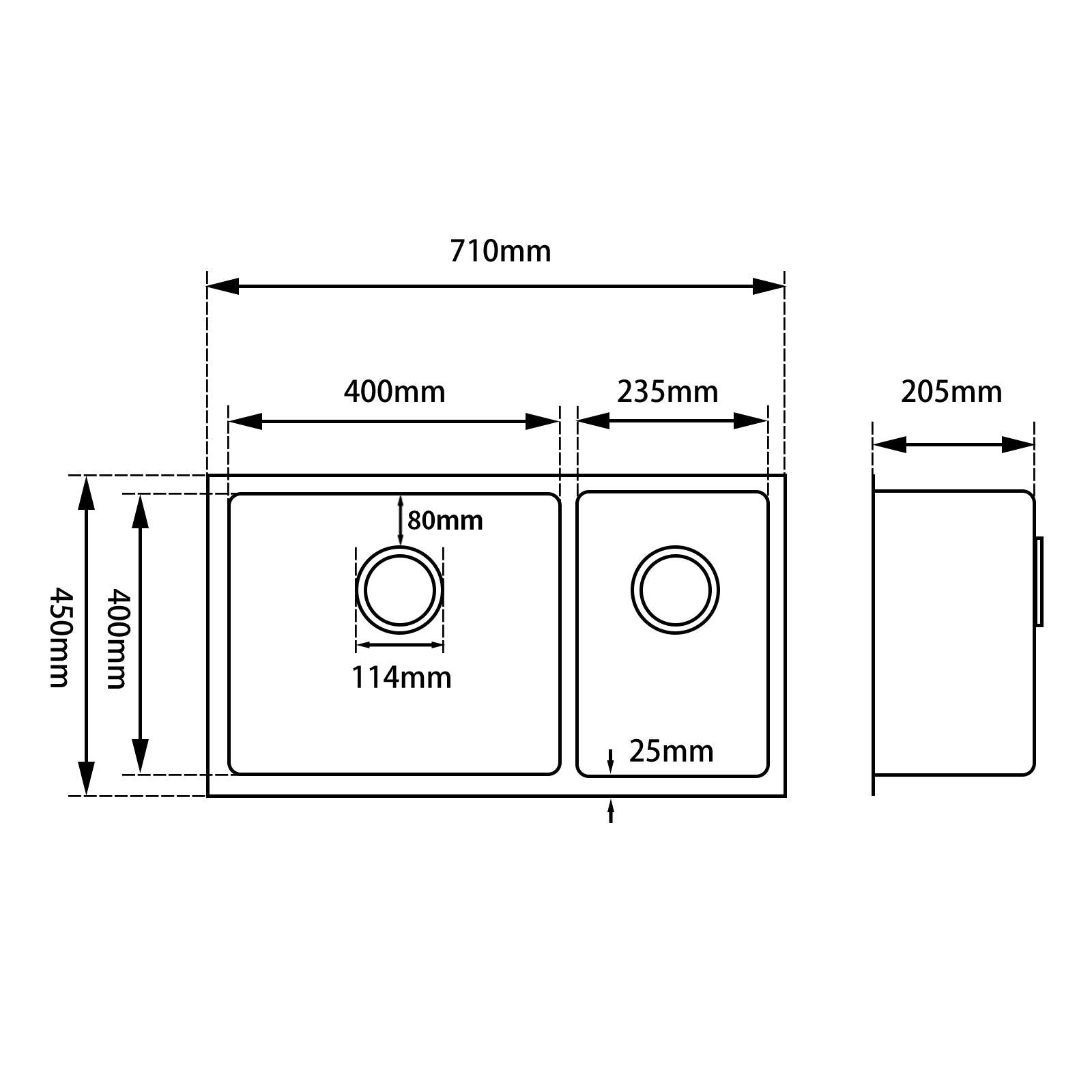 Round Corner Dark Grey Stainless Steel Handmade 1 and 1/2 Bowl Kitchen Sink 715*450*205mm