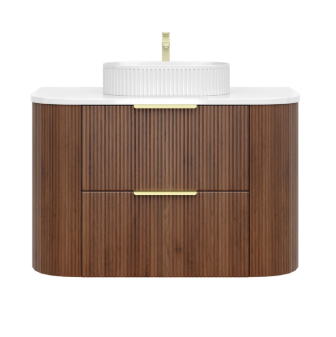 Artis PVC Fluted Curved Waterproof Double Drawer Wall Hung Bathroom Vanity Walnut