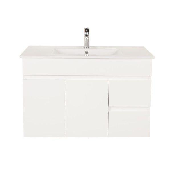 Gloss White BIANCA PVC 90cm Wall Hung Vanity Cabinet (RHD) - Living and Bathroom