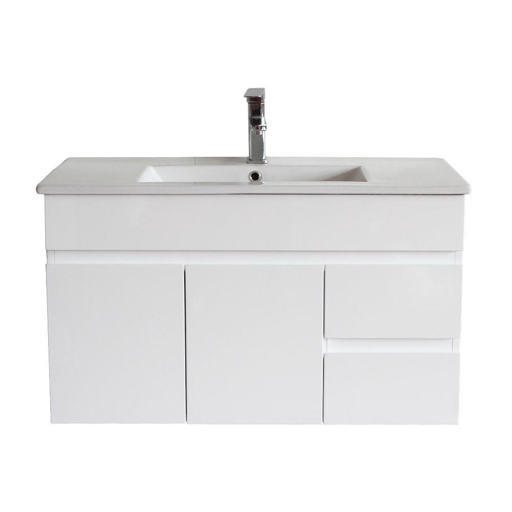 Gloss White BIANCA PVC 90cm Wall Hung Vanity Cabinet (RHD) - Living and Bathroom