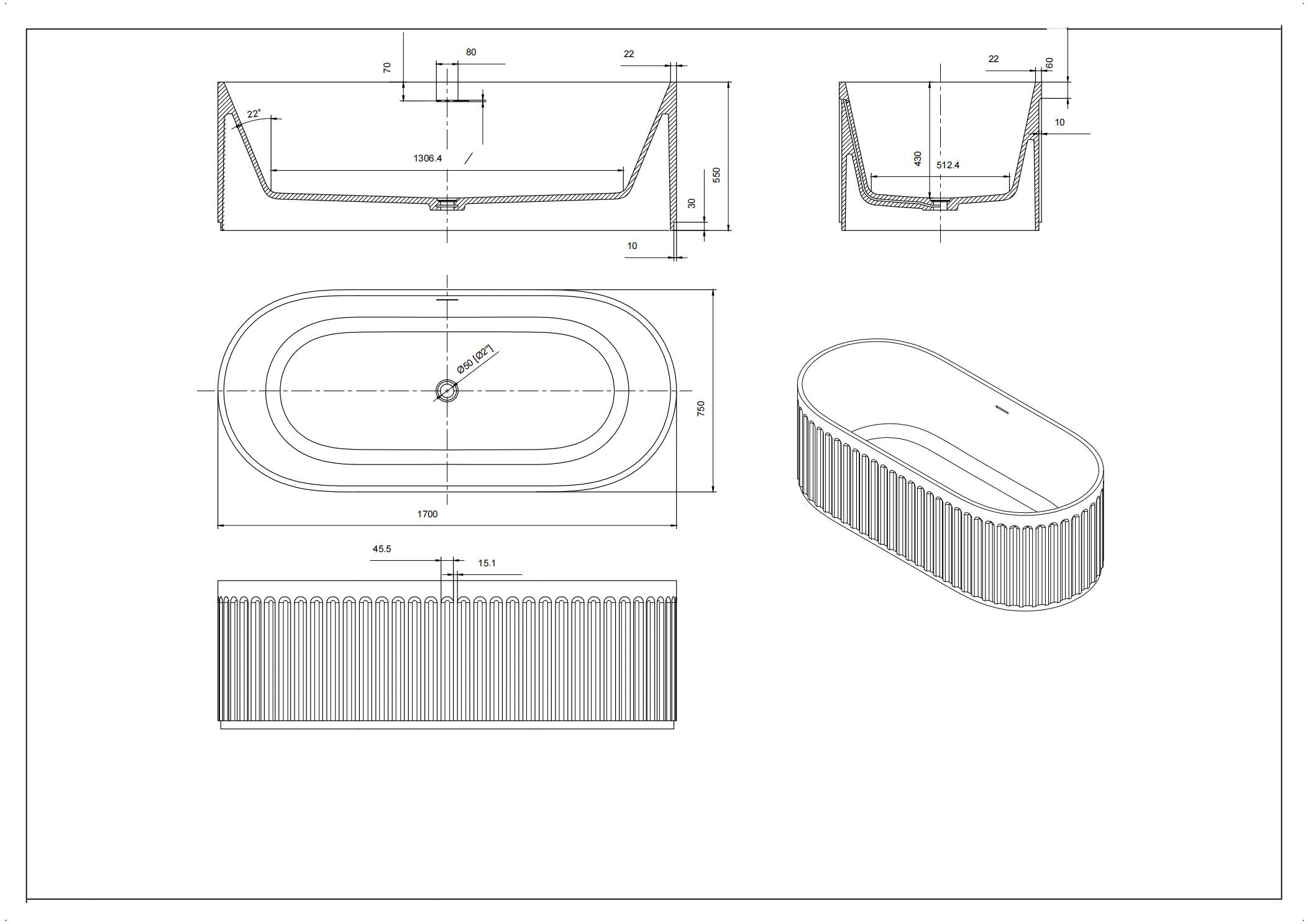 CETO Cascade 1700mm Cast Stone Solid Surface Bathtub Matt Black
