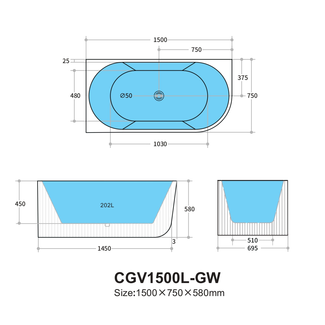 CETO Capri Groove 1500mm Fluted Oval Freestanding Left Corner Bathtub Matt Black