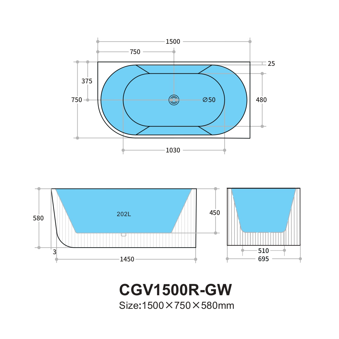 CETO Capri Groove 1500mm Fluted Oval Freestanding Right Corner Bathtub Matt Black