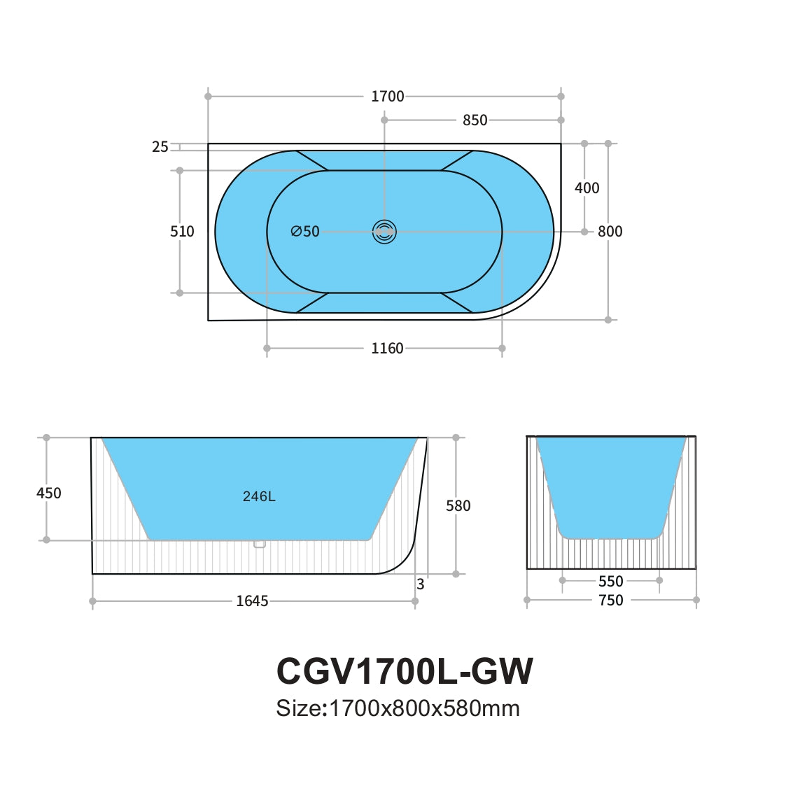 CETO Capri Groove 1700mm Fluted Oval Freestanding Left Corner Bathtub Matt Black