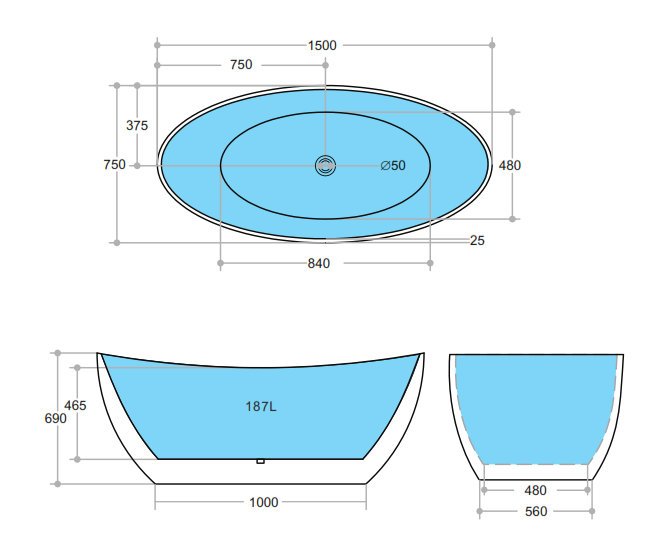 Evie Free Standing Bathtub Matt Black (Available in 1500mm and 1680mm)