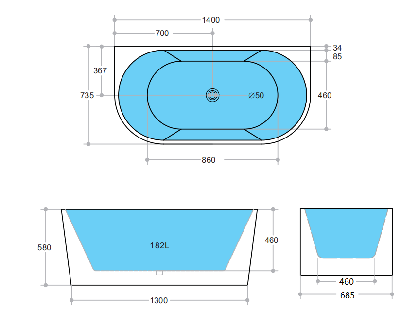 Elivia Back To Wall Freestanding Bathtub Matt Black and White(Available in 1400mm, 1500mm & 1700mm)