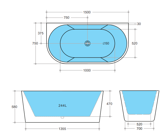 Elivia Back To Wall Freestanding Bathtub Matt Black and White(Available in 1400mm, 1500mm & 1700mm)