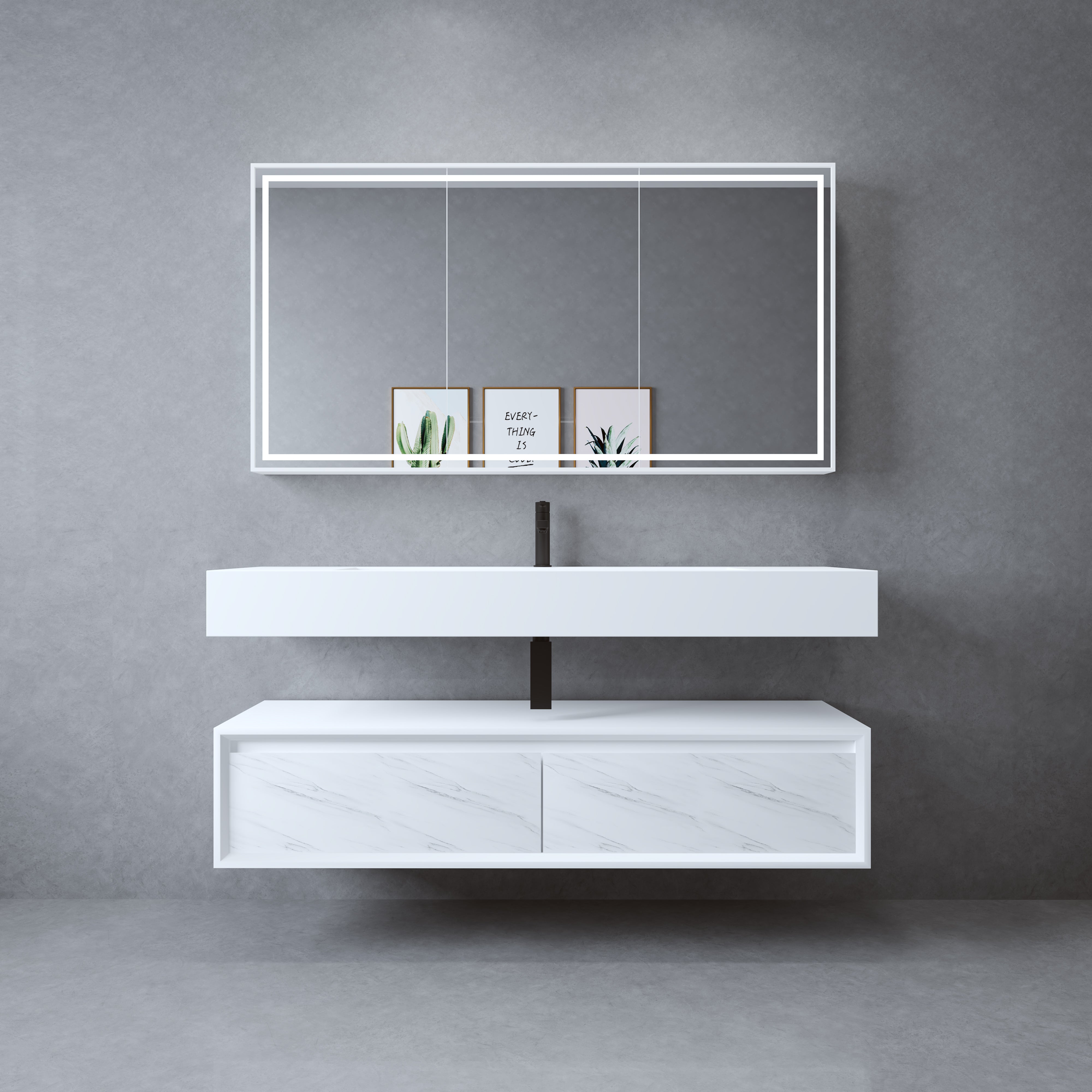 Asha Modern Solid Surface Material Wall Hung Stone Basin With Plywood Cabinet(All Sizes)