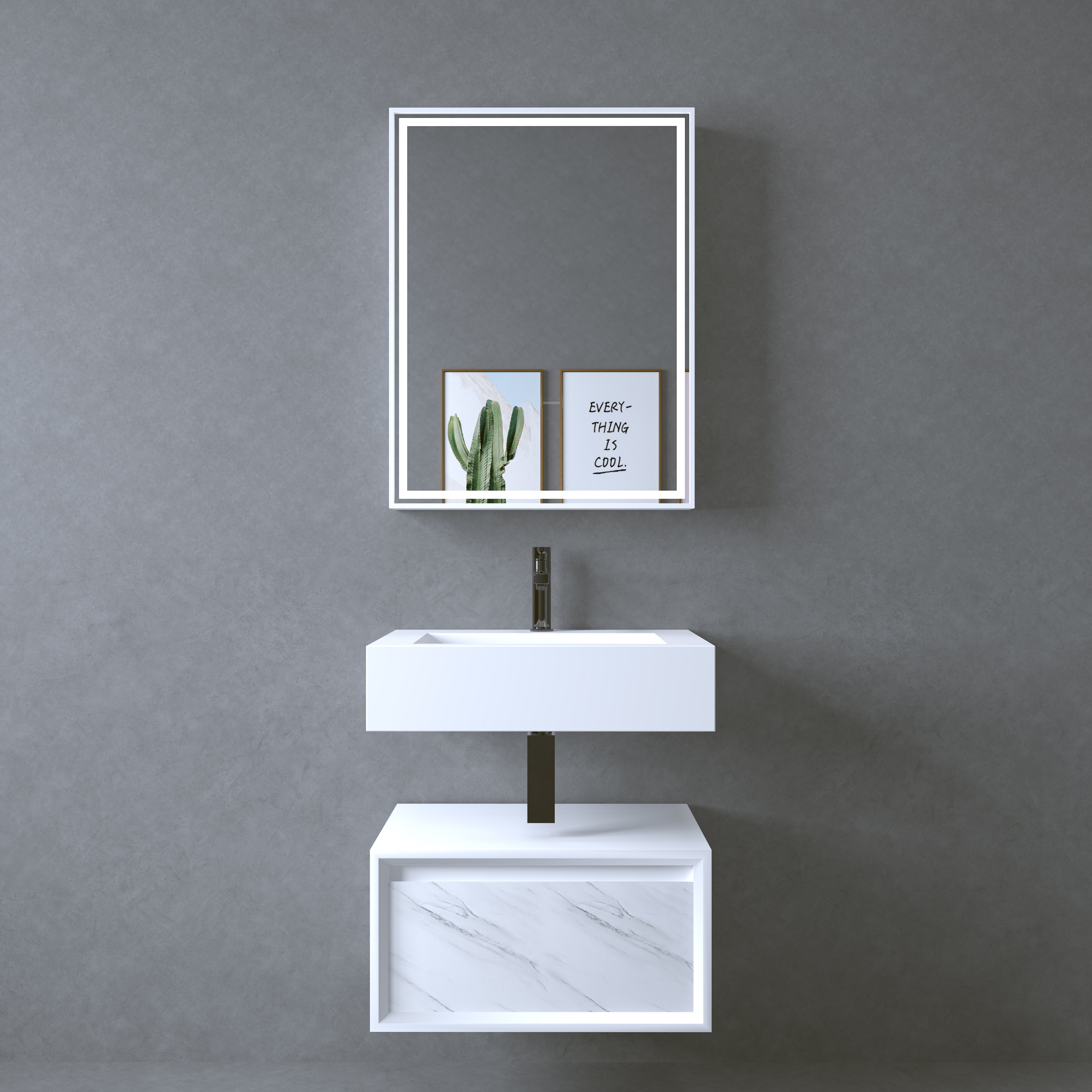 Asha Modern Solid Surface Material Wall Hung Stone Basin With Plywood Cabinet(All Sizes)