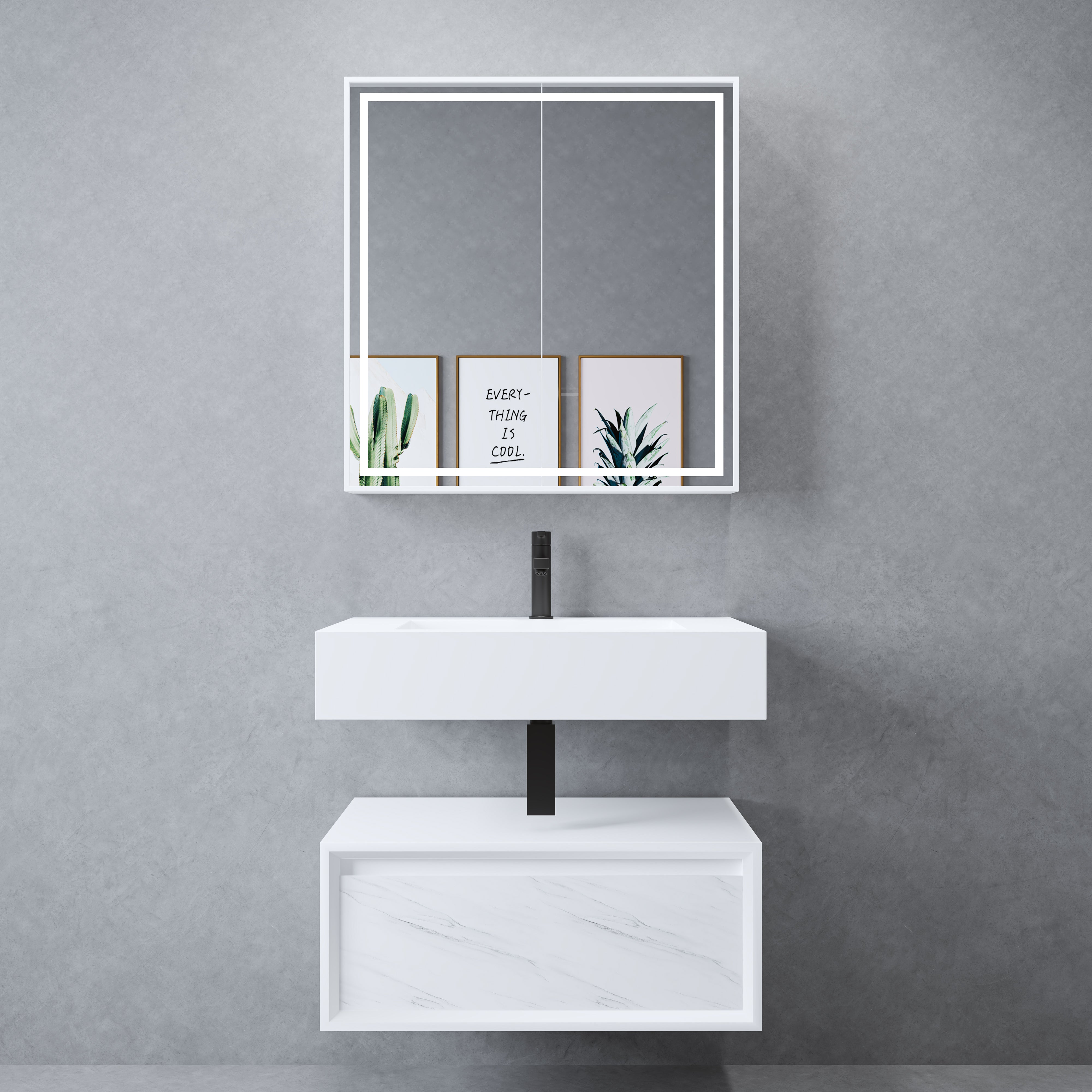 Asha Modern Solid Surface Material Wall Hung Stone Basin With Plywood Cabinet(All Sizes)