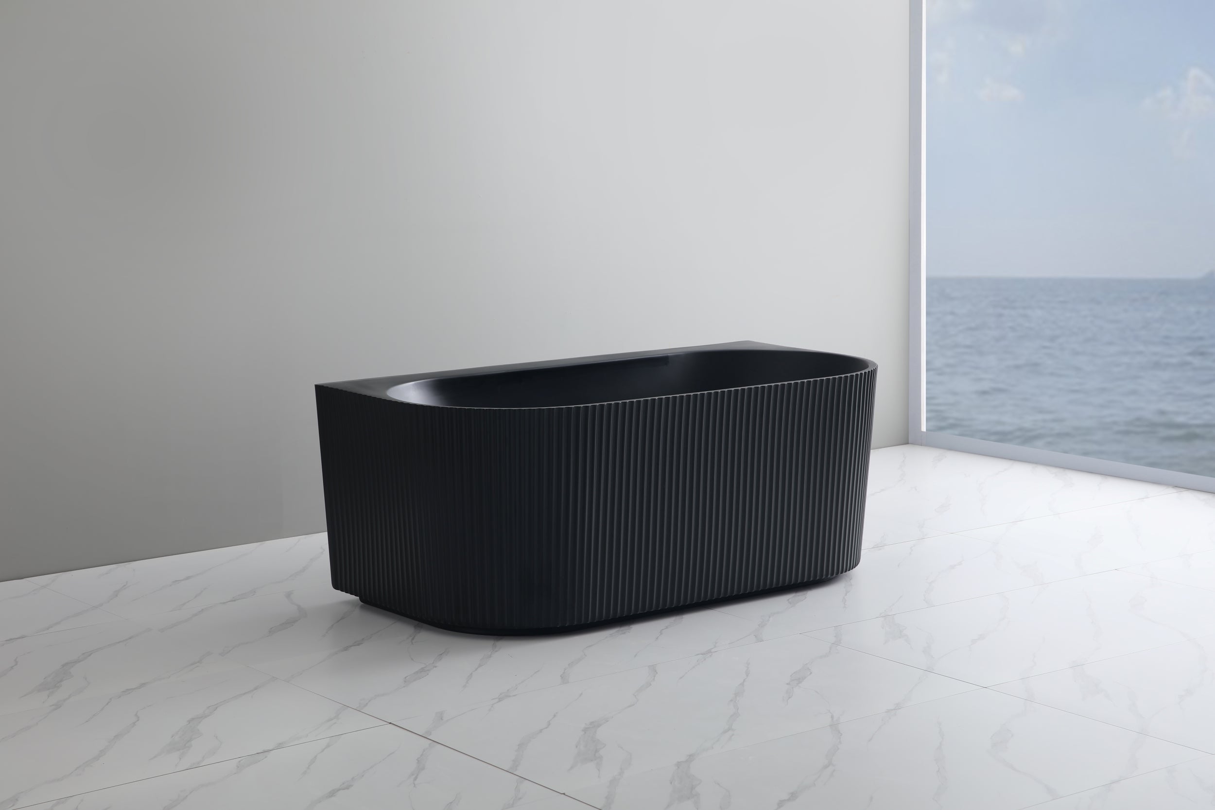 Ceto Bari Groove 1500mm Fluted Oval Freestanding Back to Wall Bathtub Matt Black