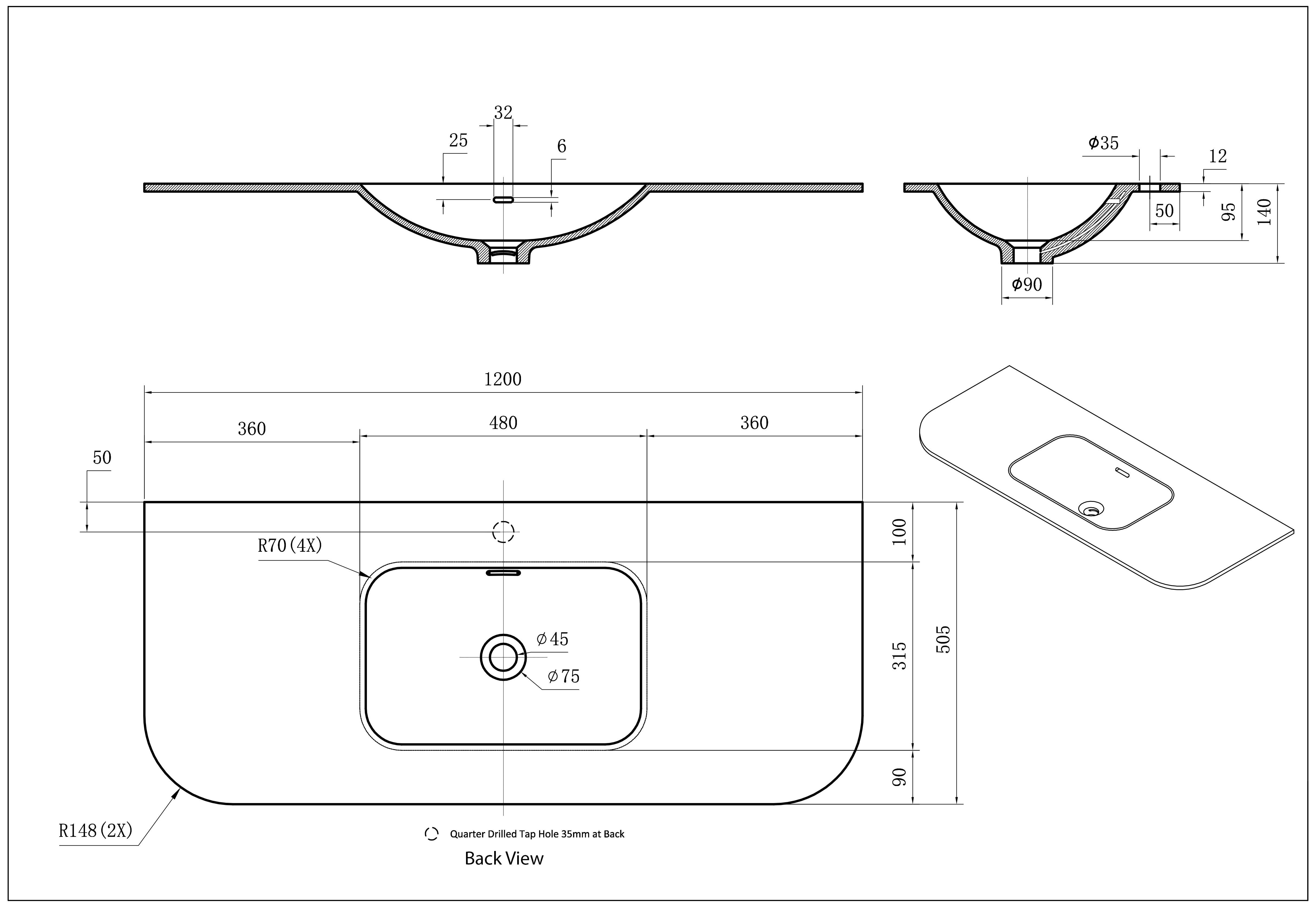 Solid Surface Curved Stone with integrated Basin Matte White