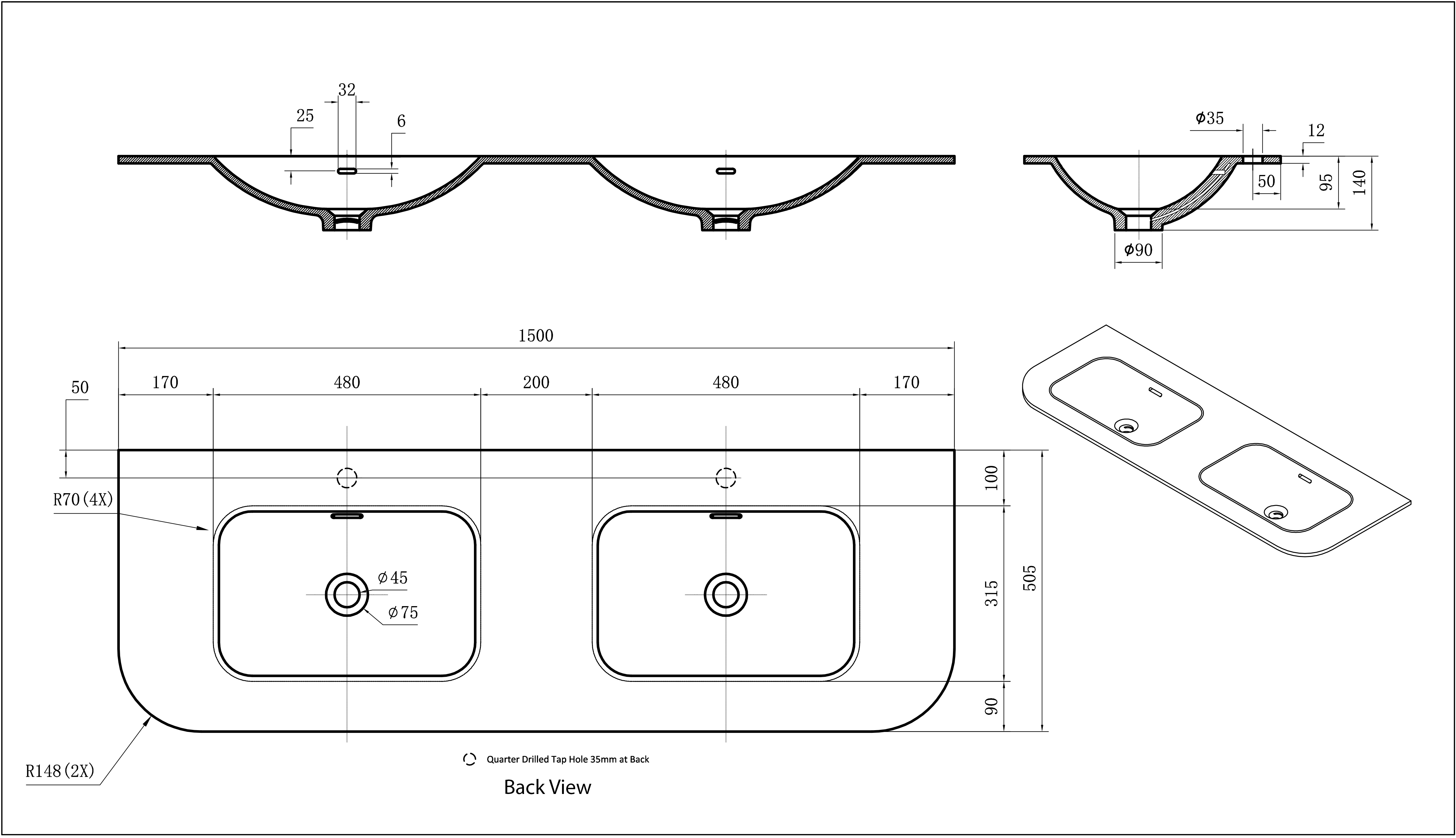 Solid Surface Curved Stone with integrated Basin Matte White