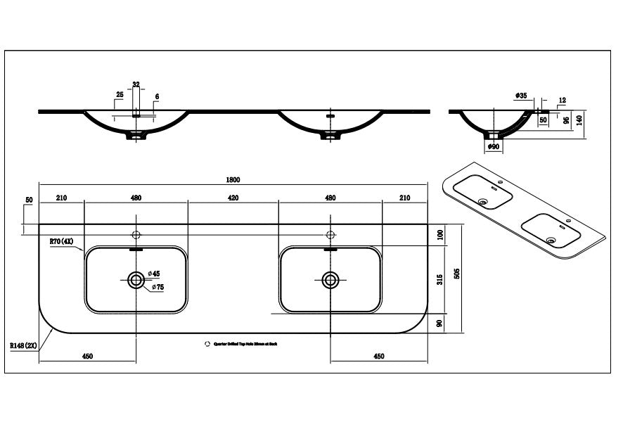 Solid Surface Curved Stone with integrated Basin Matte White