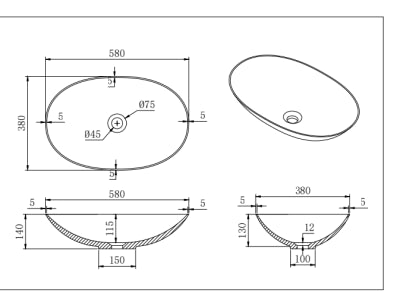 Kirra Solid Surface Above Counter Basin 528x309x165 Matte White