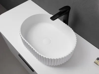 Ellips Fluted Solid surface Above Counter Basin 480*345*140mm Gloss White