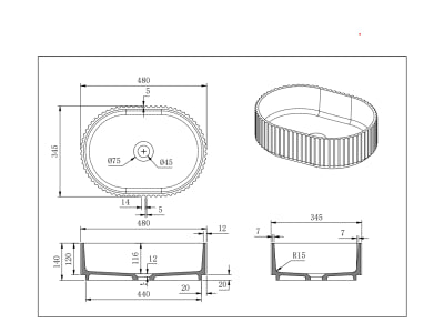 Ellips Fluted Solid surface Above Counter Basin 480*345*140mm Matt White