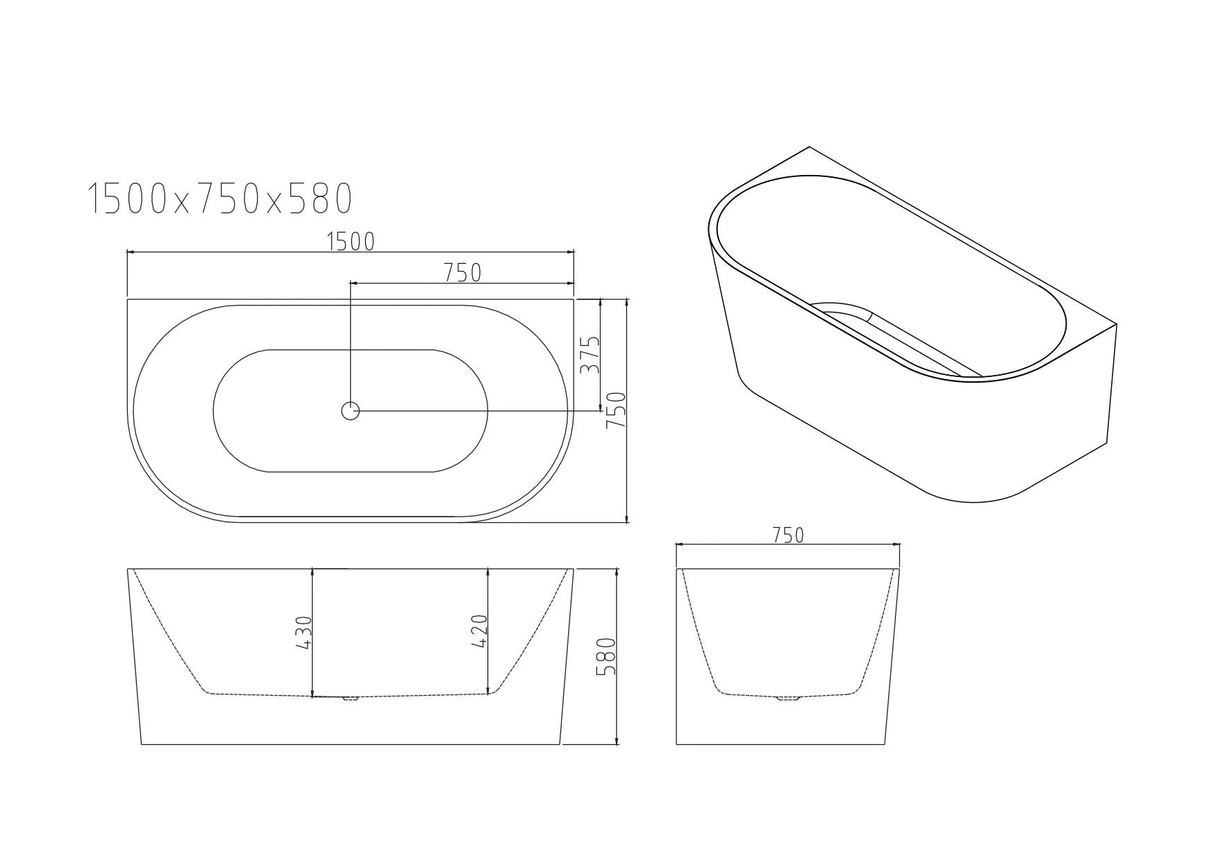 Musen Ultra Thin Back-to-Wall Freestanding Bathtub - Gloss White