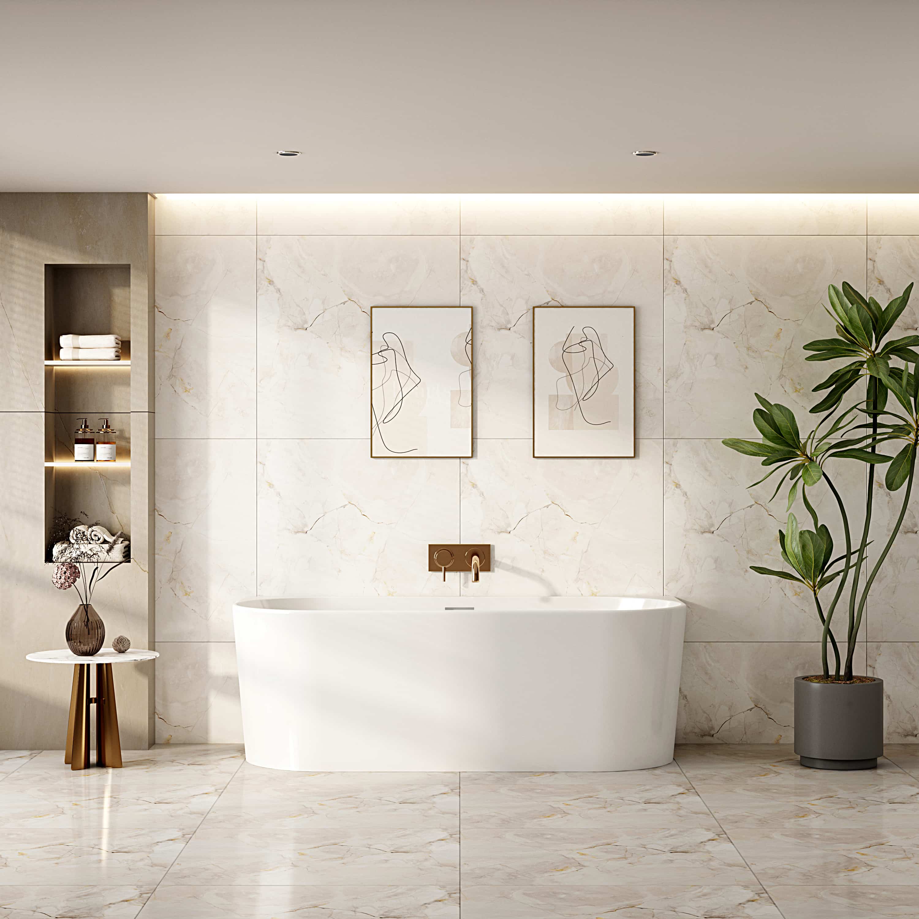 Musen Ultra Thin Back-to-Wall Freestanding Bathtub - Gloss White